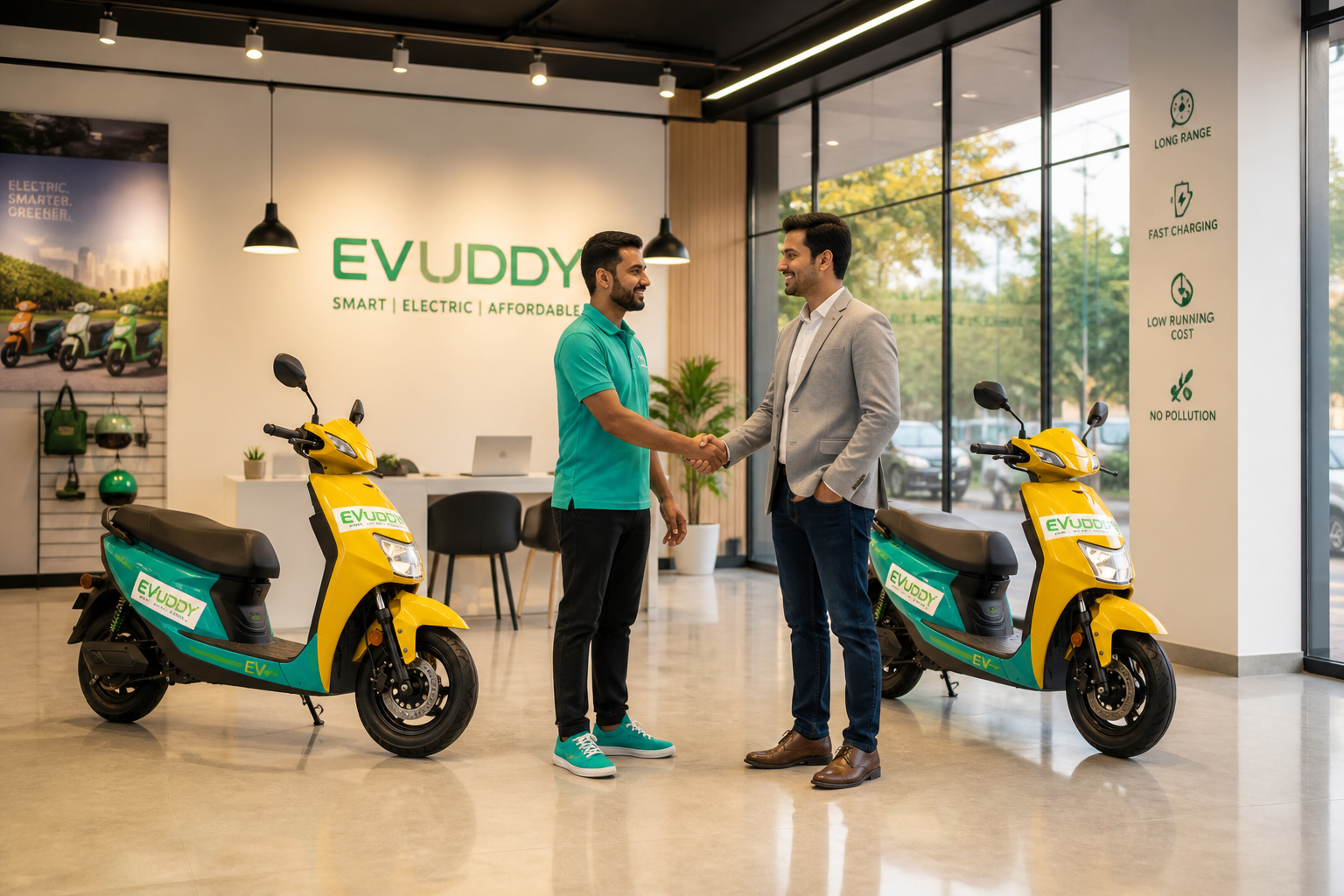 EVUDDY franchise showroom — partners shaking hands beside yellow scooters